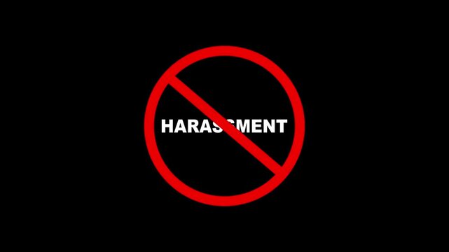 harassment sign warning symbol animation. harassment sign. harassment not allowed logo animation. Animated Under harassment forbidden ban icon on black background. Over harassment only censored.