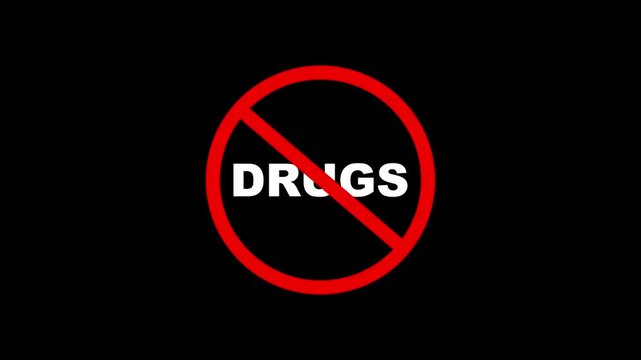 drugs sign warning symbol animation. drugs sign. drugs not allowed logo animation. Animated Under drugs forbidden ban icon on black background. Over drugs only censored.