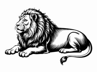 Obraz premium Majestic Lion Resting on a White Background in a Detailed Black and White Illustration animal wildlife