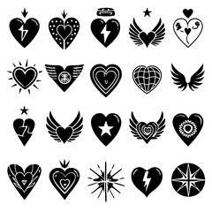 Fototapeta premium Collection of sixteen black heart symbols with wings lightning and stars icon