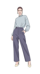 Fashion illustration of a stylish woman in a chic outfit featuring a turtleneck sweater and wide-leg trousers
