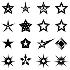 Obraz premium Sixteen black star icons in various styles on white background symbol collection