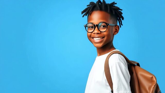 Smiling child in glasses with backpack on shoulders. African American schoolboy in white t-shirt smiling broadly, back to school preparation concept