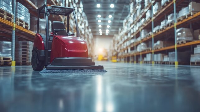 Red automated floor scrubber cleaning warehouse floor.