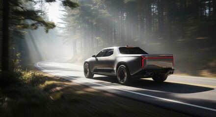 A silver pickup truck drives along a winding road through a lush forest, with sunlight shining through the trees