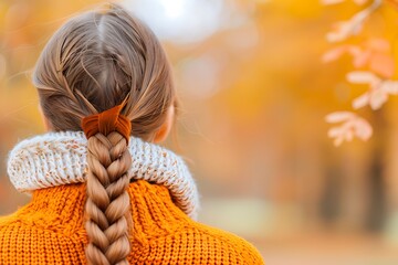 Braided ponytail, cozy autumn fashion, knitted scarf, fall season, outdoor portrait, vibrant orange color, back view, warm mood.