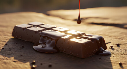 Dark chocolate bar melting in the sun, concept of indulgence and temptation.