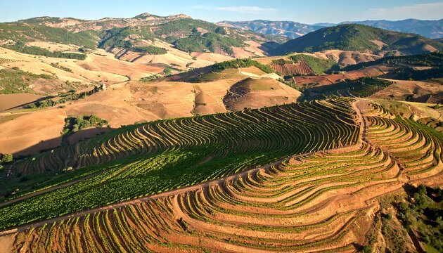 Aerial View of Terraced Vineyard in a Mountain Landscape