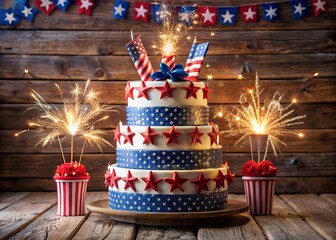 Festive fourth of july cake with fireworks and sparklers