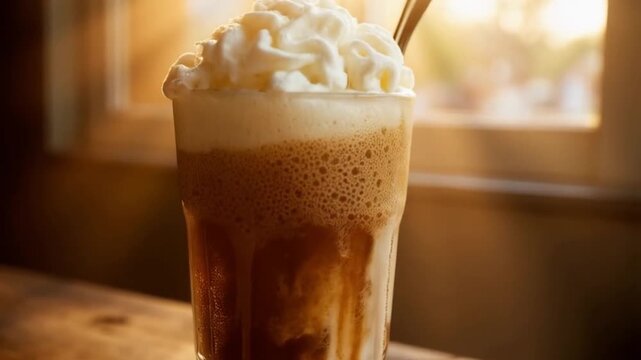 Classic root beer float with frothy vanilla ice cream in frosty mug for National Root Beer Float Day [with copy space]