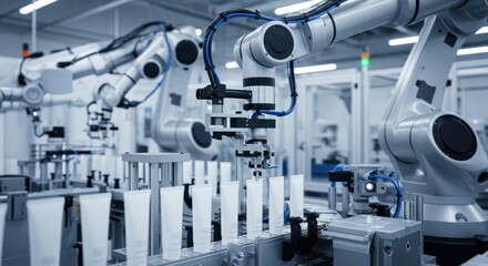 Hightech skincare cream tube production with robotic arms on factory assembly line