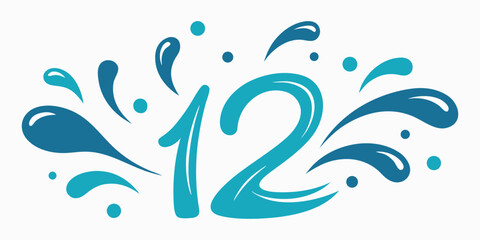 Vector art of blue water splash number twelve 12 with droplets isolated on white background.