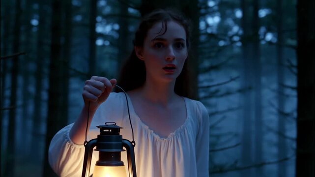 Young lady in a white nightgown cautiously walks with lantern through the woods at twilight, 
stumbles upon and is taken aback by what she discovers and what she sees chills her to the bone in fear. 