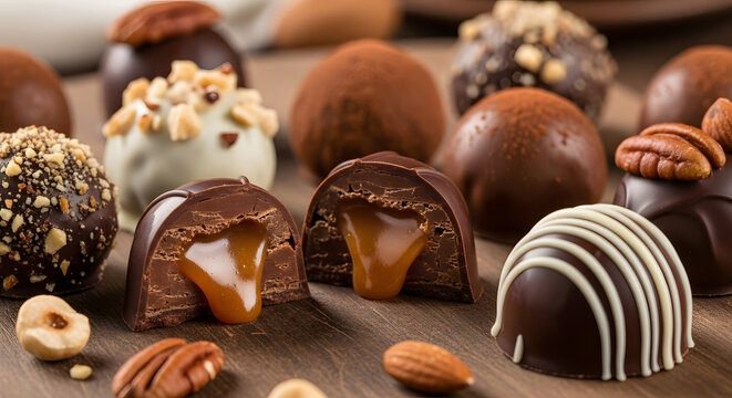 Close-up of chocolate pralines with nuts, caramel filling revealed, rich texture.
