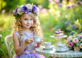 Little girl in a floral crown having a tea party outdoors