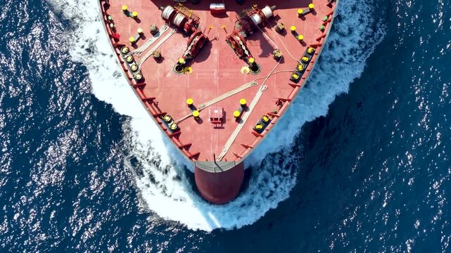 Aerial overhead view of a bow from a large container cargo or tanker ship sailing with speed over the ocean
