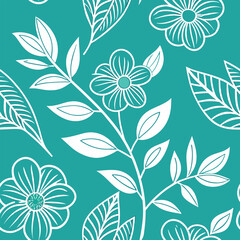 White floral and leaf pattern creates a beautiful continuous design on the teal background