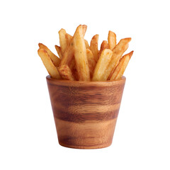 Golden french fries in a wooden cup against a black background studio shot close up delicious snack food