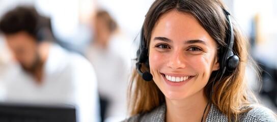 Smiling woman in headset at office desk, representing customer service and communication support, ideal for helpdesk, call center, and business marketing materials