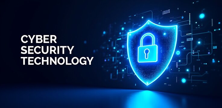 Glowing neon blue shield with digital padlock and circuit board elements security