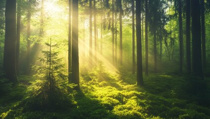 Obraz premium The mystic atmosphere of a natural spruce forest is created as sunbeams penetrate the fog