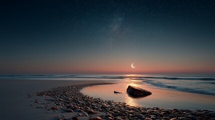 crescent of smooth stones guarding sandy inlet under dark night sky
