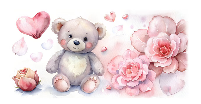 fluffy teddy bear surrounded by soft pink hearts and delicate flowers. children's books, Valentine's Day cards, baby shower invitations, and romantic or celebratory themes