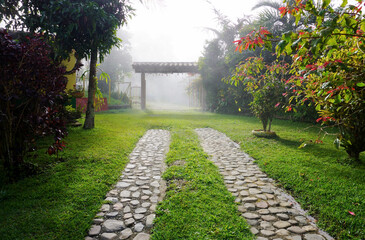 Cobblestone path in the garden during a foggy morning.	