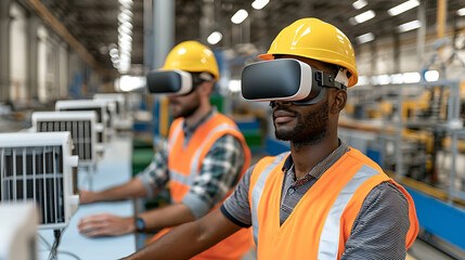 Workers using VR in factory setting, improving efficiency, optimizing workflow, enhancing safety with immersive tech. Modern industry, collaboration, innovation.