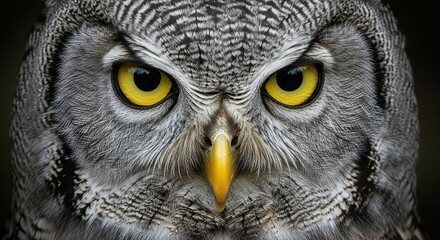 Obraz premium Intense close up portrait of a great grey owl s face and yellow eyes