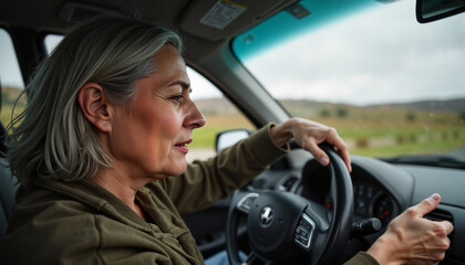 Middle-aged woman driving with concern in countryside, emotional struggle