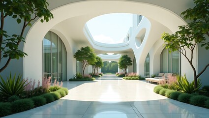 Sunlit modern architectural walkway with lush greenery and arched openings