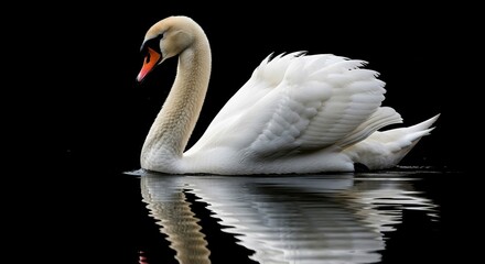 Fototapeta premium Elegant white swan gracefully glides through dark water with reflection