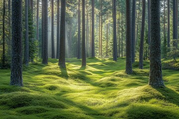Obraz premium Der unberührte naturnahe Fichtenwald, der im warmen Licht der Morgensonne badet