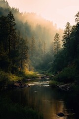 Obraz premium Sunrise Over Misty Forest River
