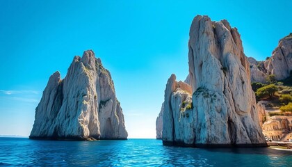 Iconic Capri Faraglioni rocks bathed in sunlight, azure sea backdrop,  sea,  tourism