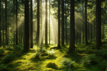 Fototapeta premium Early morning in the coniferous forest brings filtered sunlight through the branches and fog, with green ferns and many other plants fully saturated