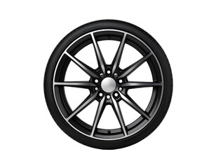 Obraz premium A detailed and modern multi-spoke alloy wheel with a tire, showcasing a sleek and clean automotive design.