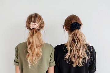 Two women with wavy blonde hair wearing pink and black scrunchies, Back view indoor portrait, Fashionable hairstyle accessories, Minimalist style photography

