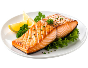 A grilled salmon steak on a white plate with lemon slices and parsley.