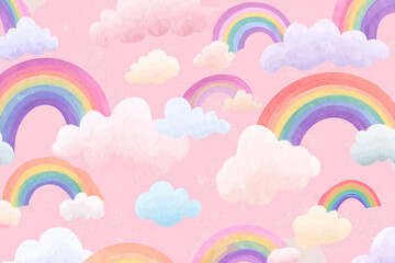Fototapeta premium Cute rainbow and cloud pattern on pink background.