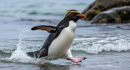 Fototapeta premium Rockhopper penguin emerges from ocean water with splash