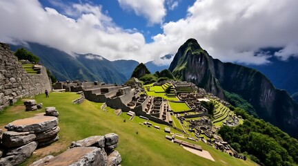 Machu Picchu ancient Inca citadel green terraces and stone ruins peru