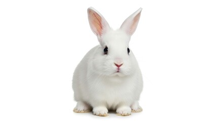 Obraz premium Adorable fluffy white rabbit sitting upright on a white background