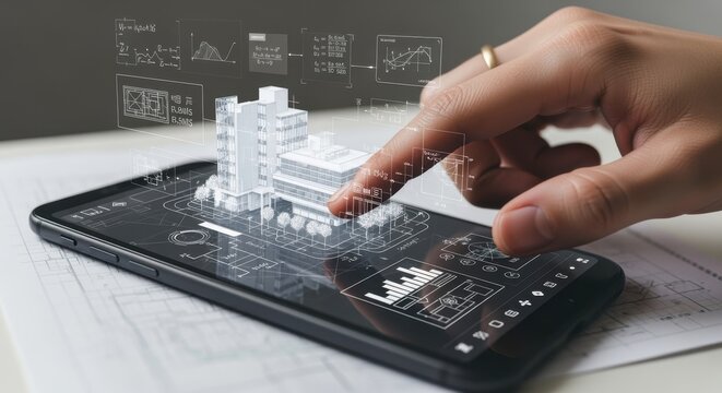 Architect interacting with a hologram of a building project displayed on a smartphone, showcasing innovative technology for architectural design and planning