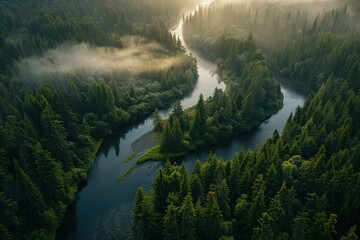 Winding River Through Misty Forest at Sunrise
