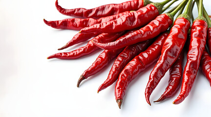 Detailed studio shot of whole dried red chilies with vibrant color and texture on white background, evoking spicy and fresh feeling