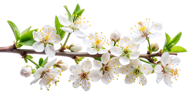 blooming wild plum tree flowers in spring - isolated on a  white background PNG. GENERATIVE AI