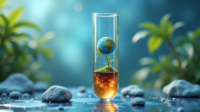 Miniature world in tube with trees and grass simulating bacterial environment