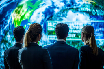 Obraz premium Sustainable business team viewing carbon budget on large screen